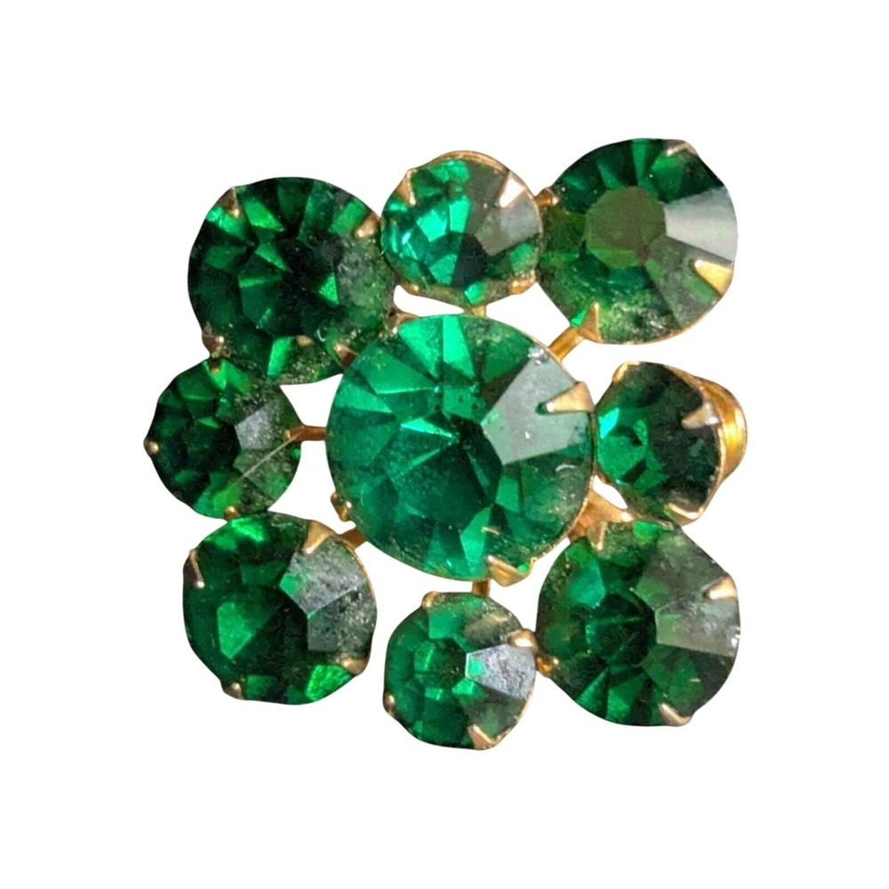 Vintage Green Rhinestone Cluster Brooch Gold‎ Tone Mid Century Costume Jewelry